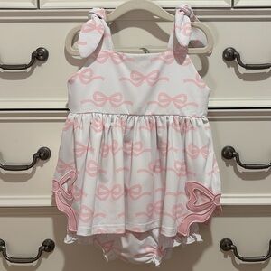 EUC Classic Southern Smocks Pink & White Bows 2 Pc Bow Outfit Size 2T